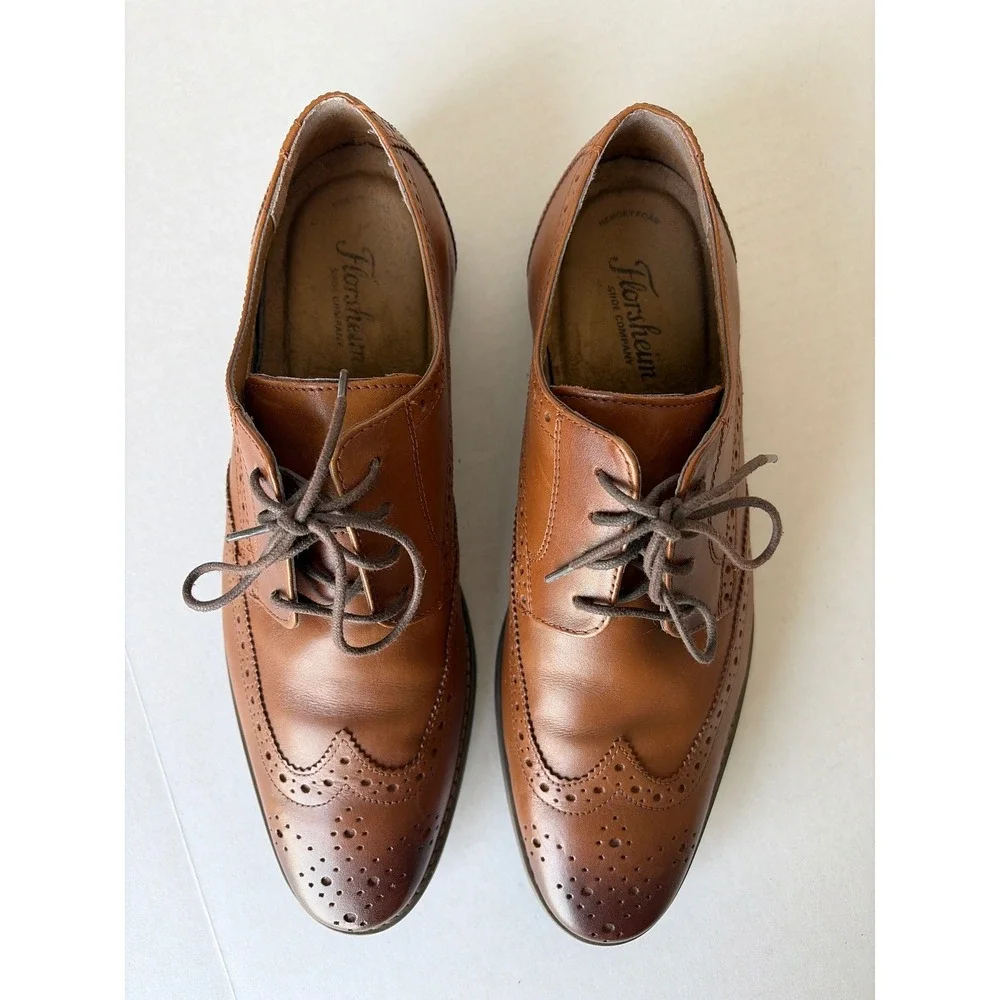 Florsheim Mens 11839 Cognac Tan Leather Wingtip Oxford Dress Shoes 10.5 D